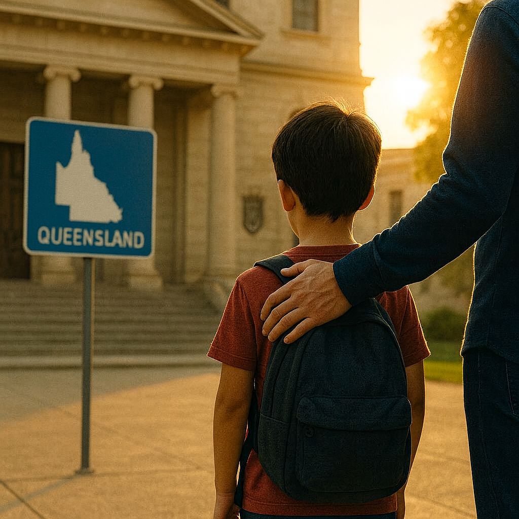 child with a signage of queensland
